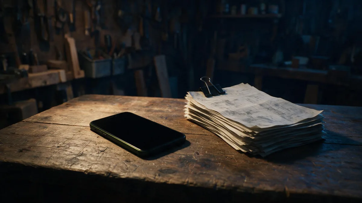 Wygaszony telefon i gruby plik faktur za pozycjonowanie leżą obok siebie na warsztatowym blacie