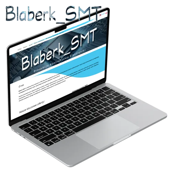 Strona internetowa firmy Blaberk SMT otwarta na laptopie, na ekranie opis kontraktowej produkcji elektroniki