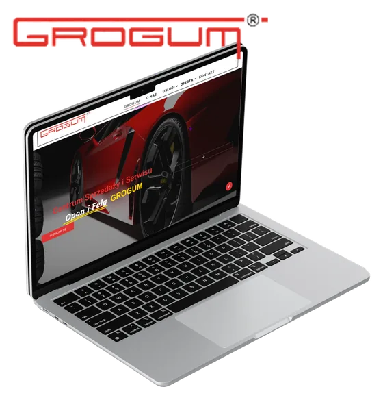 Strona internetowa serwisu opon GroGum otwarta na laptopie, na ekranie sportowe auto i oferta wymiany opon