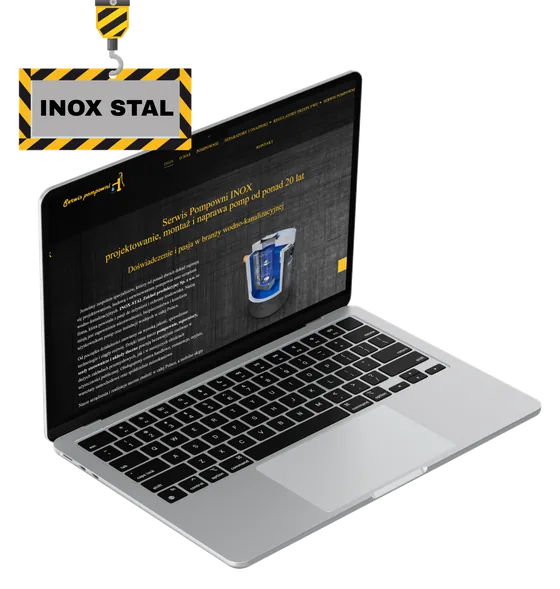 Strona internetowa serwisu pompowni INOX-STAL otwarta na laptopie, na ekranie opis projektowania i naprawy pomp
