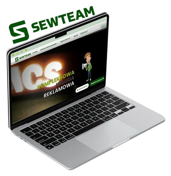 Strona internetowa firmy SEWTEAM otwarta na laptopie, na ekranie hasło o kompleksowej usłudze reklamowej