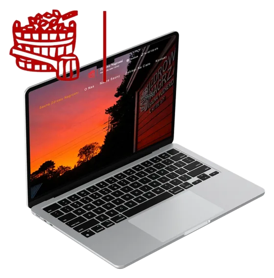 Strona internetowa firmy Zdrowo Nagrzani otwarta na laptopie, na ekranie drewniana sauna plenerowa o zachodzie słońca