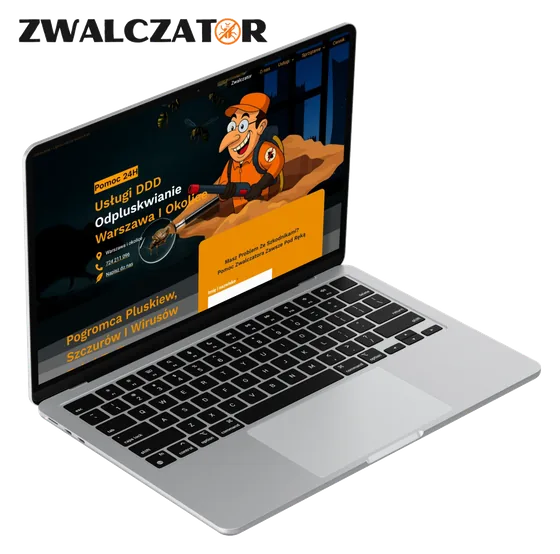 Strona internetowa firmy Zwalczator otwarta na laptopie, na ekranie oferta usług DDD z maskotką dezynsektora