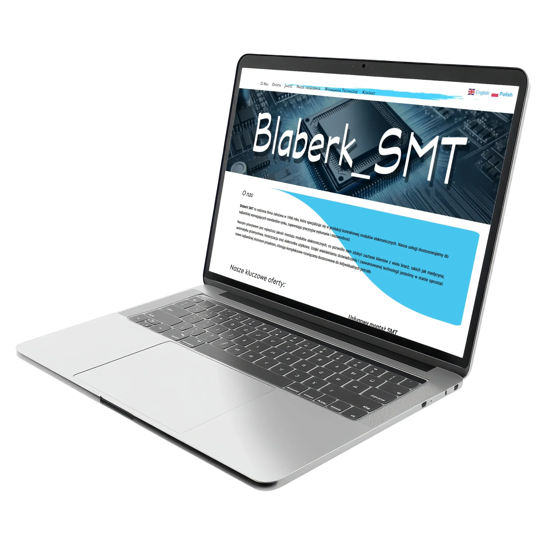 Projekt strony internetowej Blaberk SMT, kontraktowy montaż elektroniki, widok desktop, ZoiGo Serock